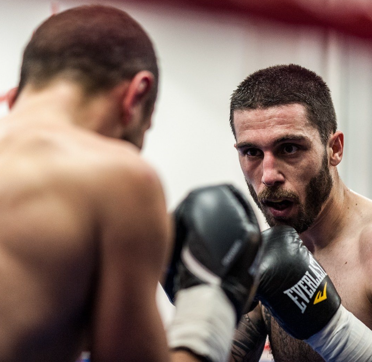 Rayito in high guard stance during authentic sparring session wearing black Everlast gloves